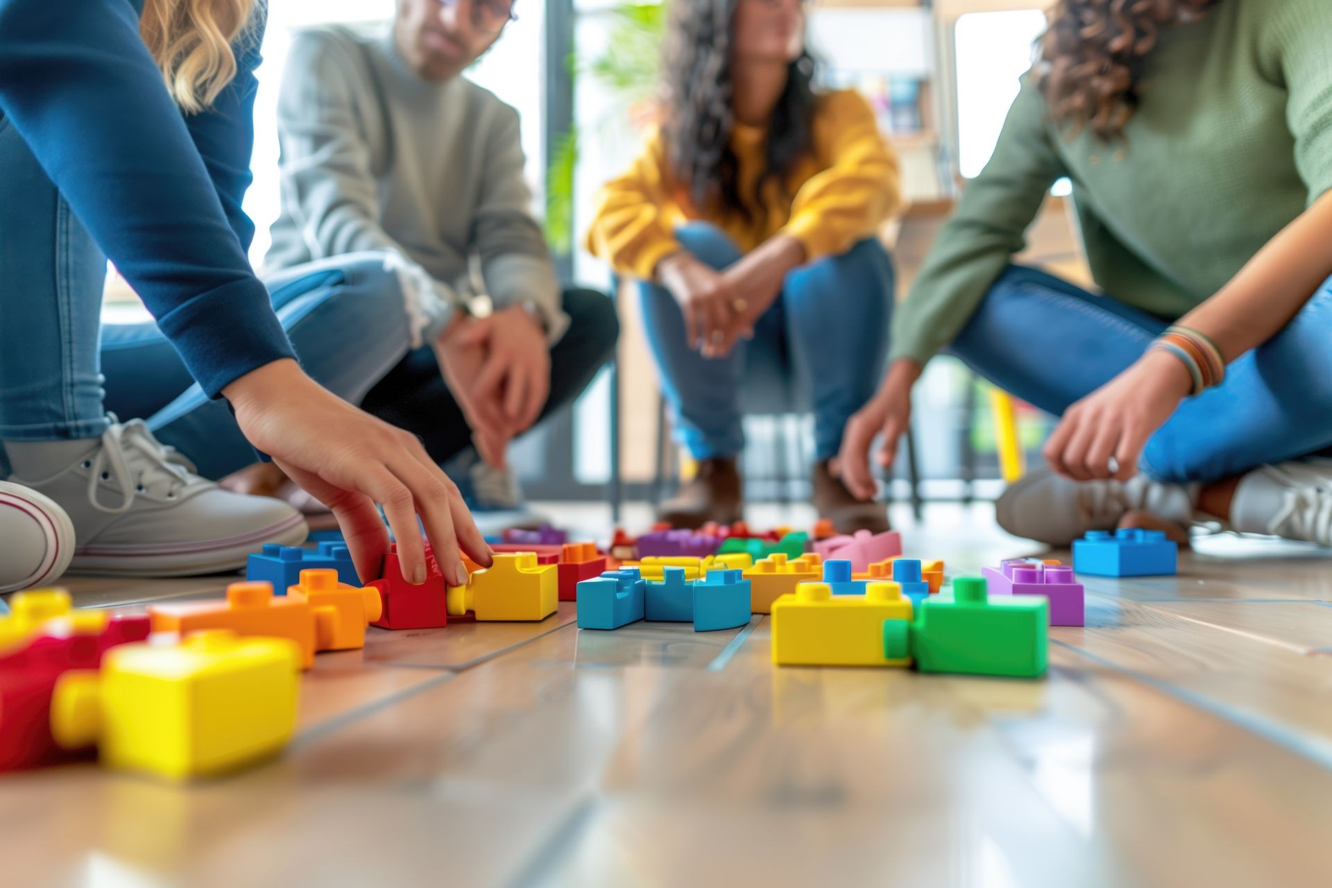 People sitting on the floor playing with colorful building blocks, focusing on their hands and the blocks.