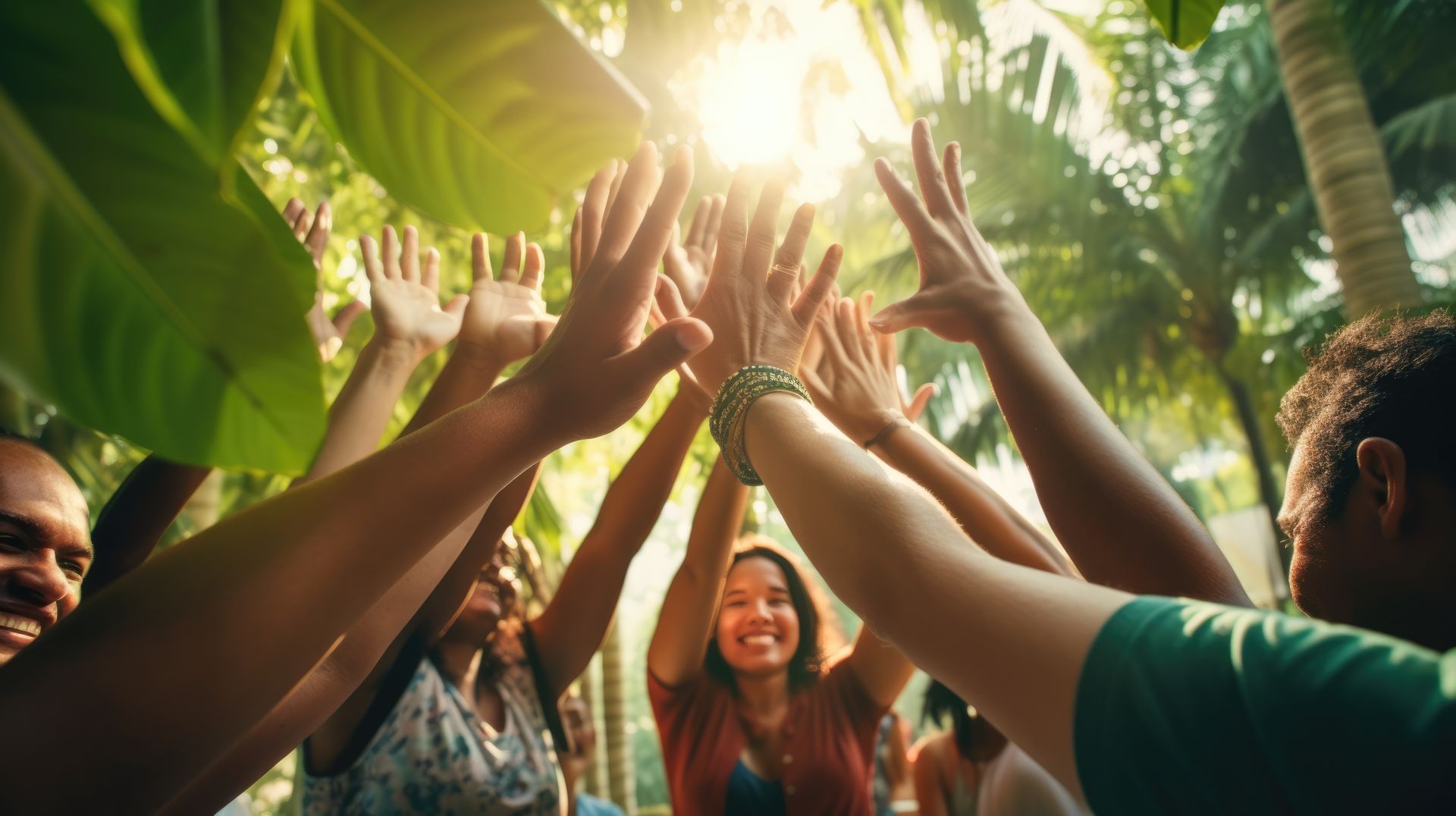 Group of people smiling and raising hands together with sunlight and tropical plants in the background.