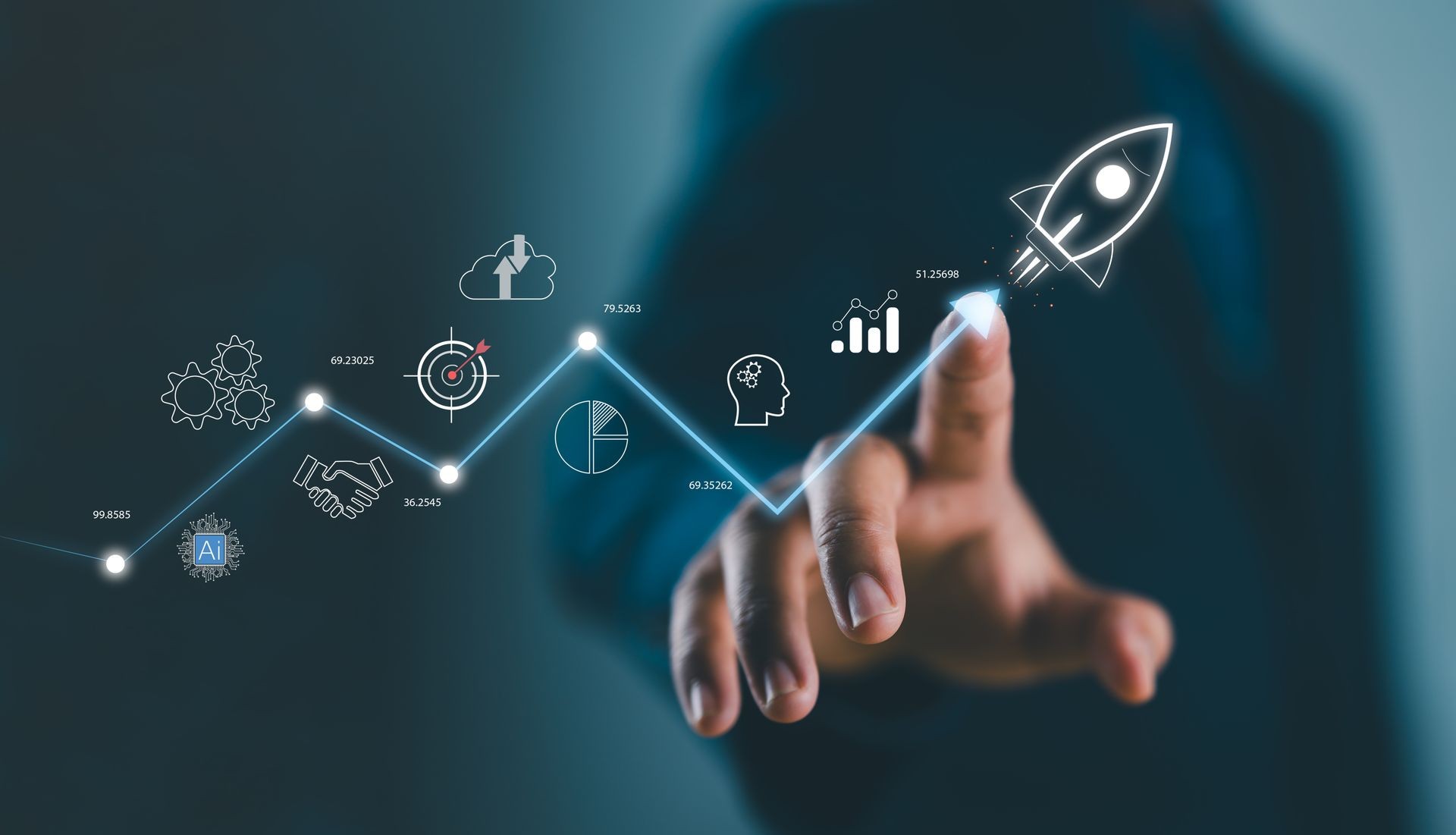 Hand pointing at timeline with icons representing technology, data, and innovation with a rocket symbol.