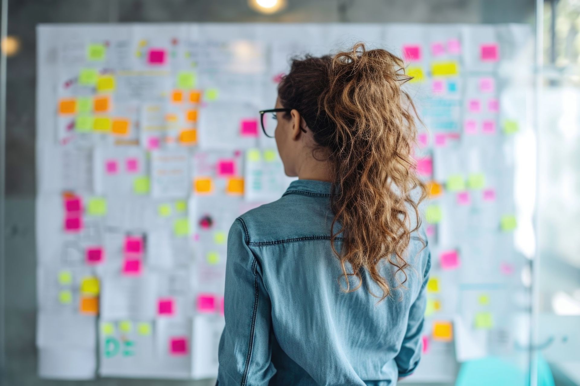 Person in denim looking at a wall covered with colorful sticky notes and papers.