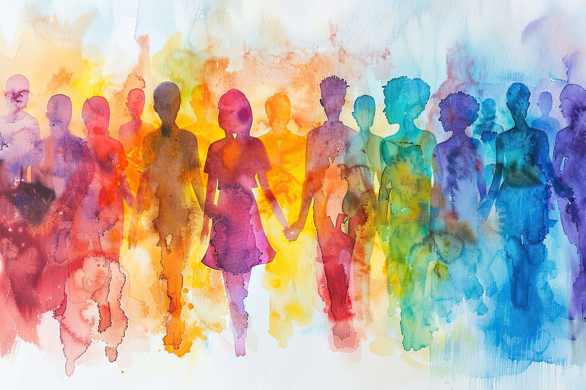 Colorful watercolor painting of diverse silhouetted figures holding hands.