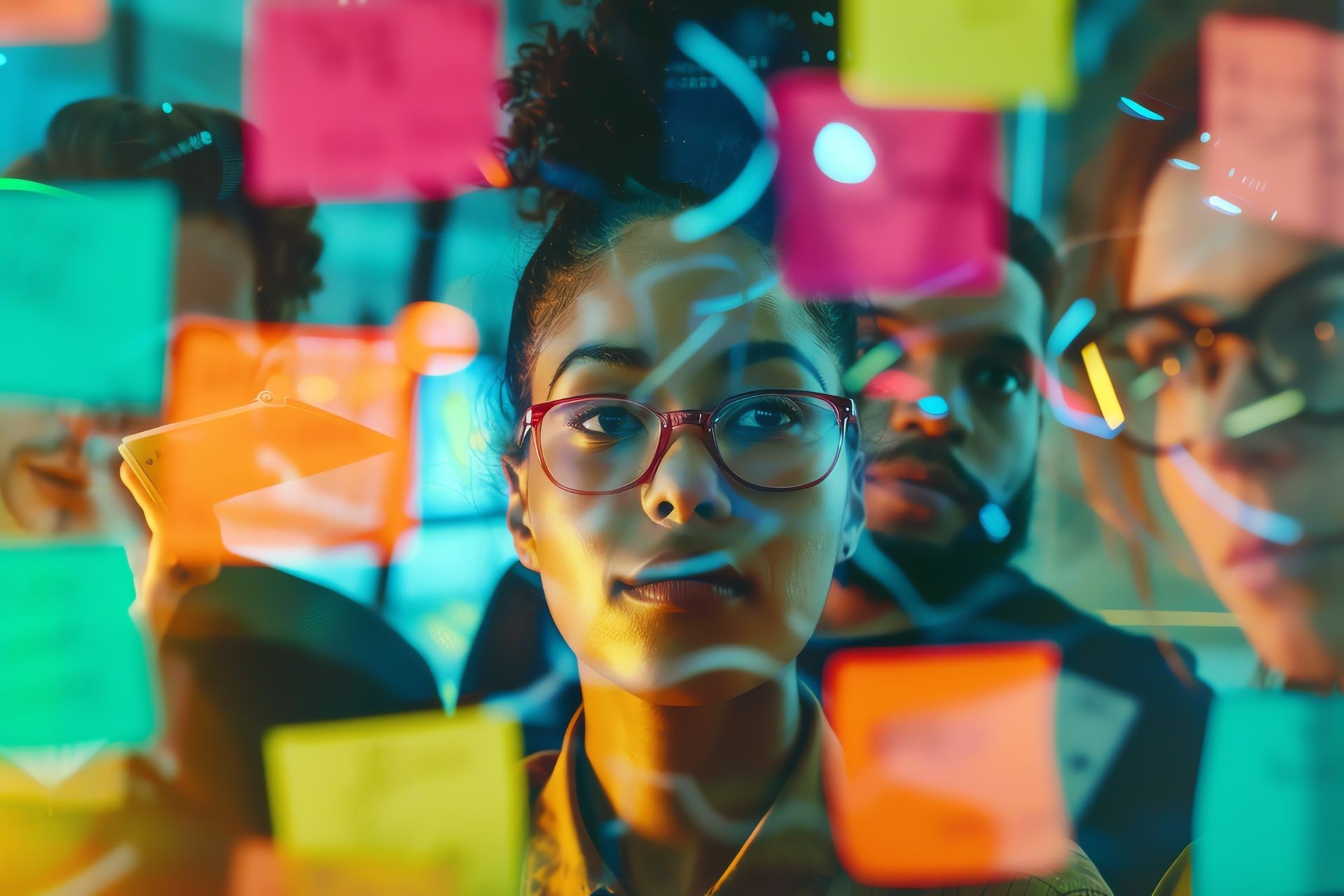 Group of people brainstorming with colorful sticky notes on a glass board, focused expressions.