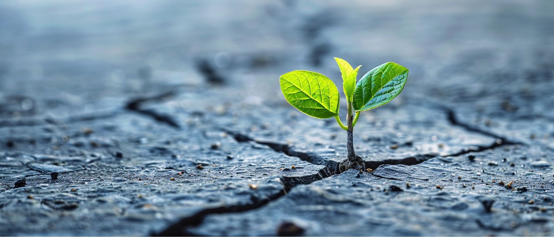 Small green plant growing through cracked, dry soil, symbolizing resilience and new growth.