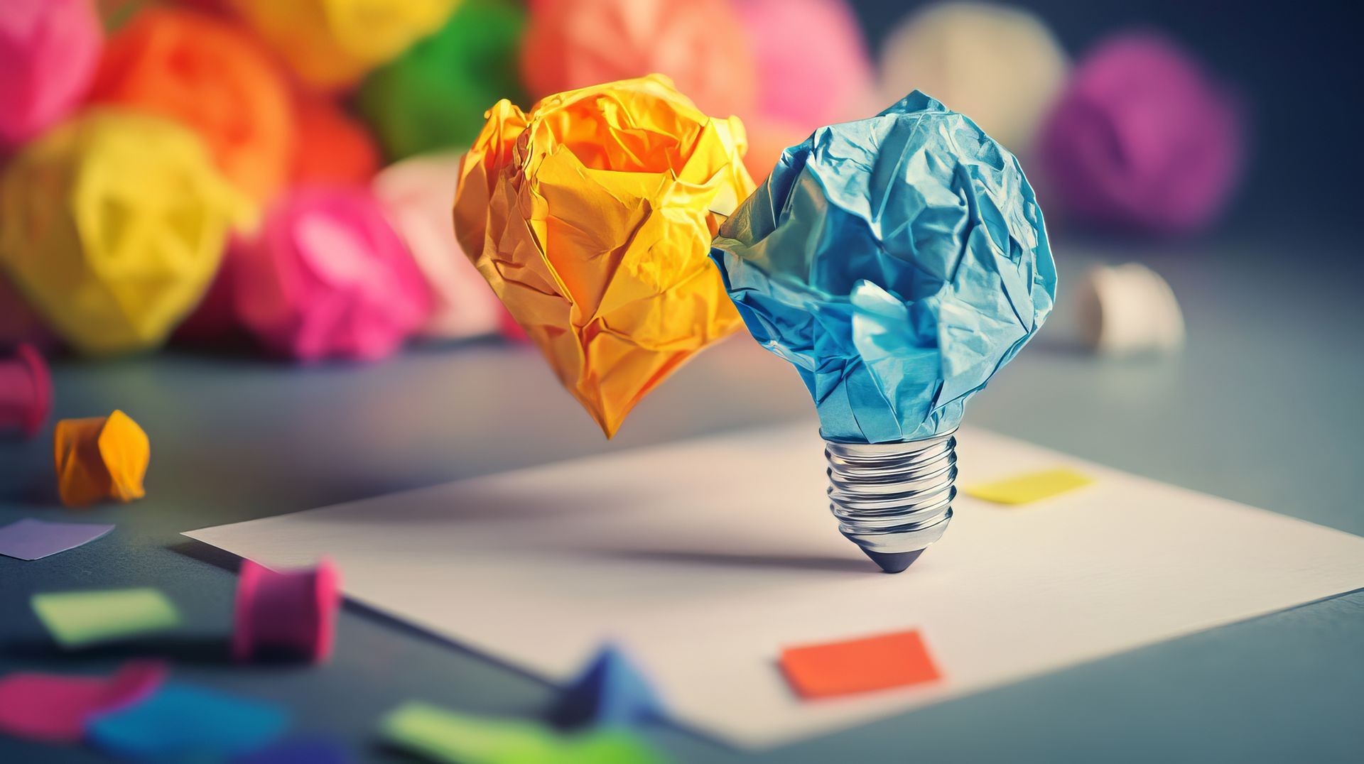 Crumpled paper sheets shaped like a light bulb on a desk, surrounded by colorful papers.