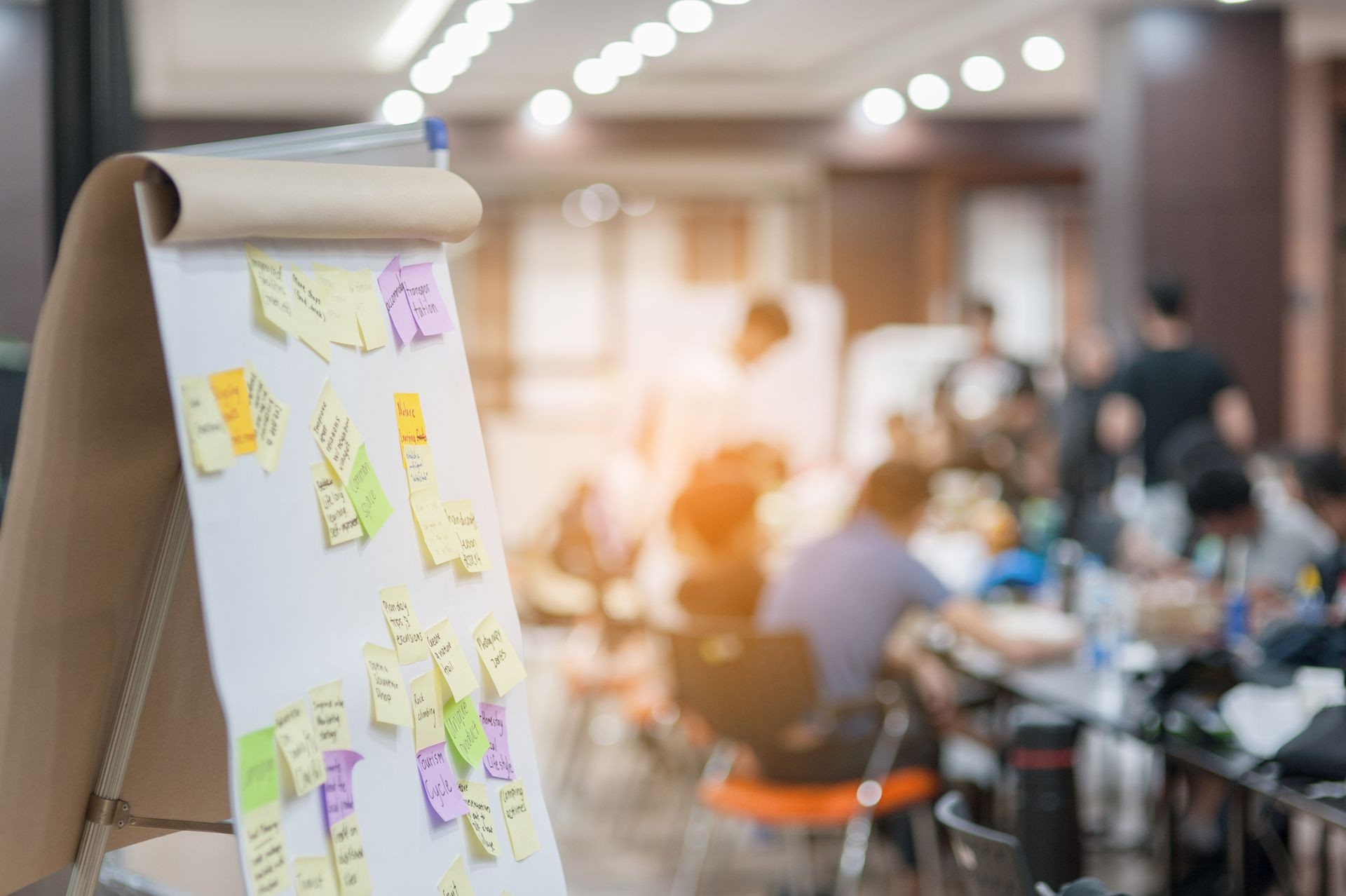 Workshop setting with a flip chart covered in sticky notes, blurred background of people at tables.