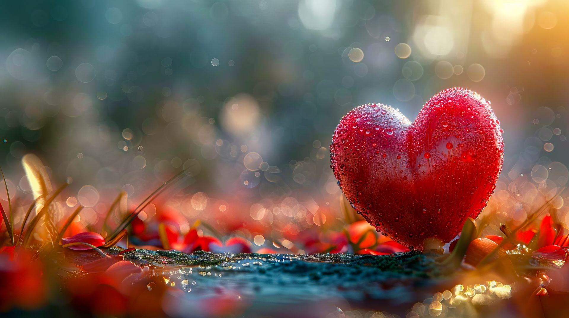 A dewy red heart-shaped object resting on wet foliage with a dreamy bokeh background.