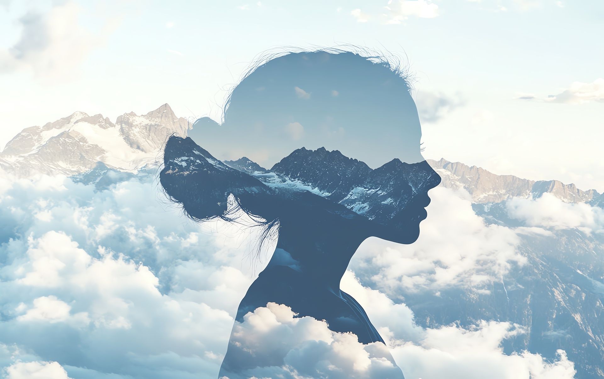 Silhouette of a woman's profile with a double exposure effect showing mountains and clouds within her outline.